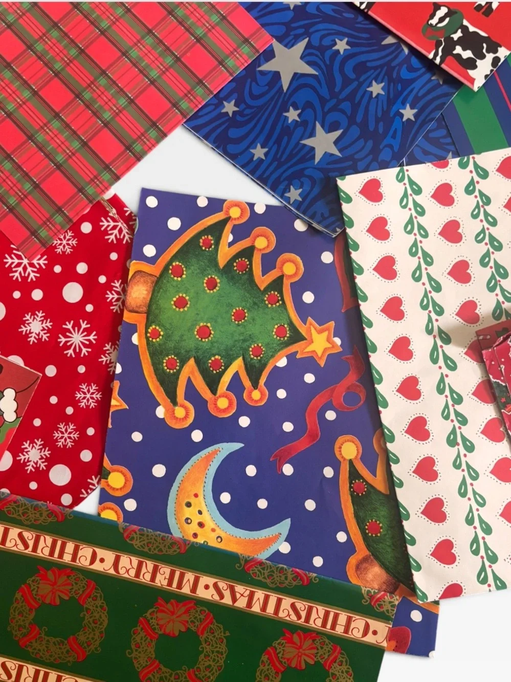 Large lot of Vintage 90s Christmas Wrapping Paper|Cows,Moons,Stars,Plaid
